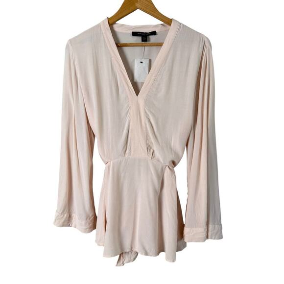 NEW Andrew Marc New York Pink Tie-Waist V-Neck‎ Blouse Long Wide Sleeves, Large - Picture 1 of 11